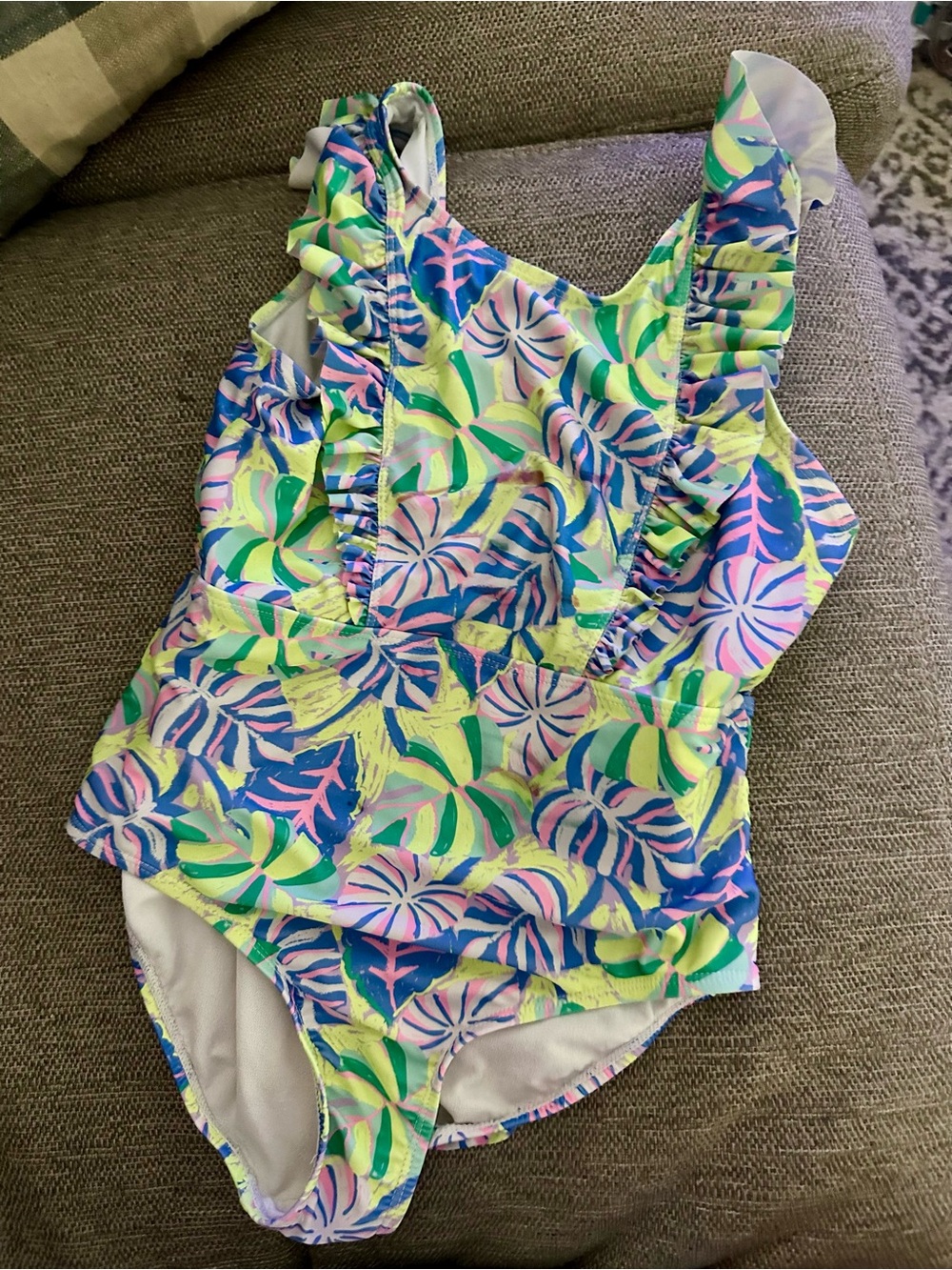 wonder nation Tropical Leaf Ruffle One-Piece in Green, Blue & Pink